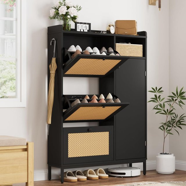 Garvee Schuhschrank in Schwarz mit 3 Klappschubladen und 4-stufigem Regal, moderner Rattan-Organizer mit Metallgriffen für Flur und Eingangsbereich - Bild 1