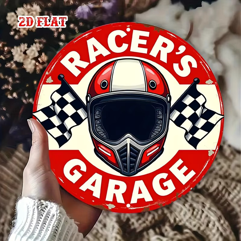 Potdemiel Vintage Metallschild Racer's Garage mit Rennflagge und Helm, Rund, Durchmesser: 20 cm, Rot - Bild 3