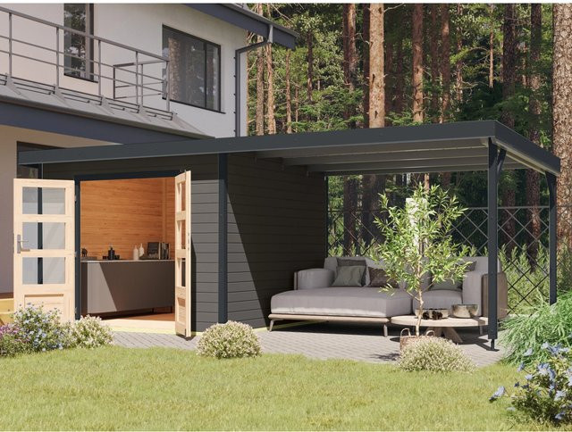 Karibu Gartenhaus Set Domingo B mit Anbaudach in Terragrau-Anthrazit, 7 m² - Bild 1