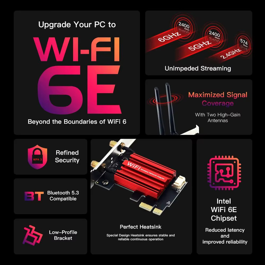 DERAPID AX210 WiFi-6 Netzwerkkarte mit Bluetooth 5.3, Tri-Band Wireless-Adapter für PC und Desktop, NVMe/M.2, Schwarz - Bild 2