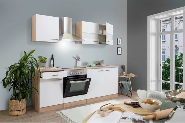 Respekta Küchenzeile KB210ESWC in Weiß-Eiche Sägerau mit Glastüren und Soft-Close-Funktion, Breite: 210 cm - Bild 1
