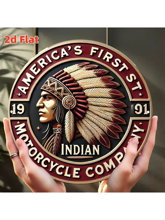 Vintage Indian Motorcycle Co. Logo Metallschild in Rot, rundes Retro-Wandkunst aus Metall, Durchmesser: 20 cm - Bild 6
