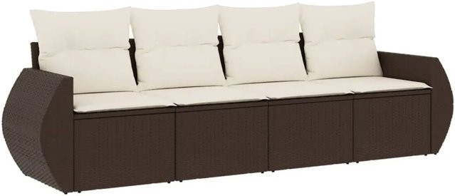 vidaXL 4-teilige Garten-Sofagarnitur in L-Form aus braunem PE-Rattan mit cremeweißen Kissen und Stauraum - Bild 1