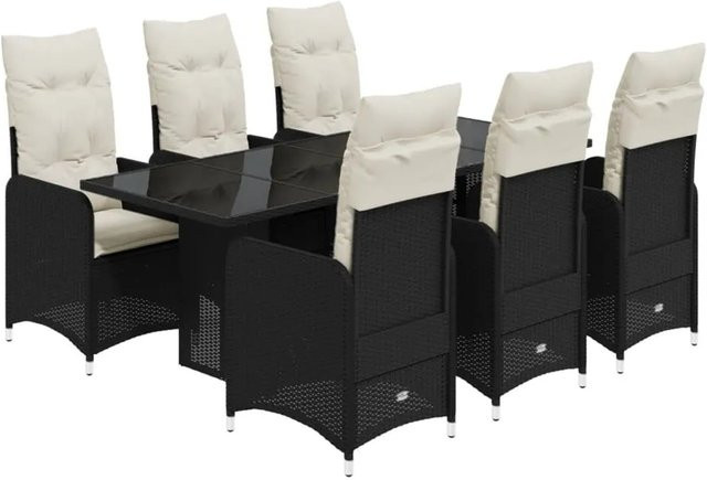 vidaXL 7-tlg Garten-Bistro-Set aus Poly-Rattan mit Kissen und Hartglas in Schwarz - Bild 1