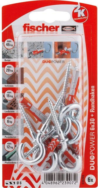 Fischer DuoPower Dübel mit Rundhaken, Ø 6 mm x 30 mm, 6 Stück, mehrfarbig - Bild 1
