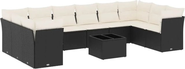 vidaXL 11-tlg. Garten-Sofagarnitur in U-Form aus Poly-Rattan mit Kissen und Tisch in Schwarz - Bild 1