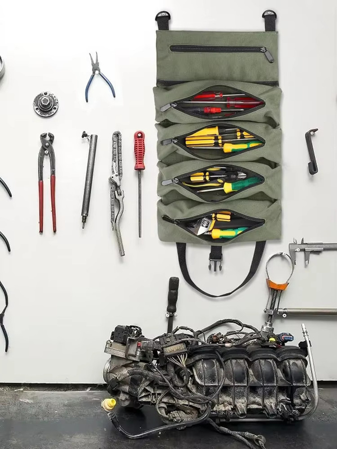 Multifunktionale aufrollbare Werkzeugtasche als Organizer für Elektriker und Mechaniker in Grün - Bild 6
