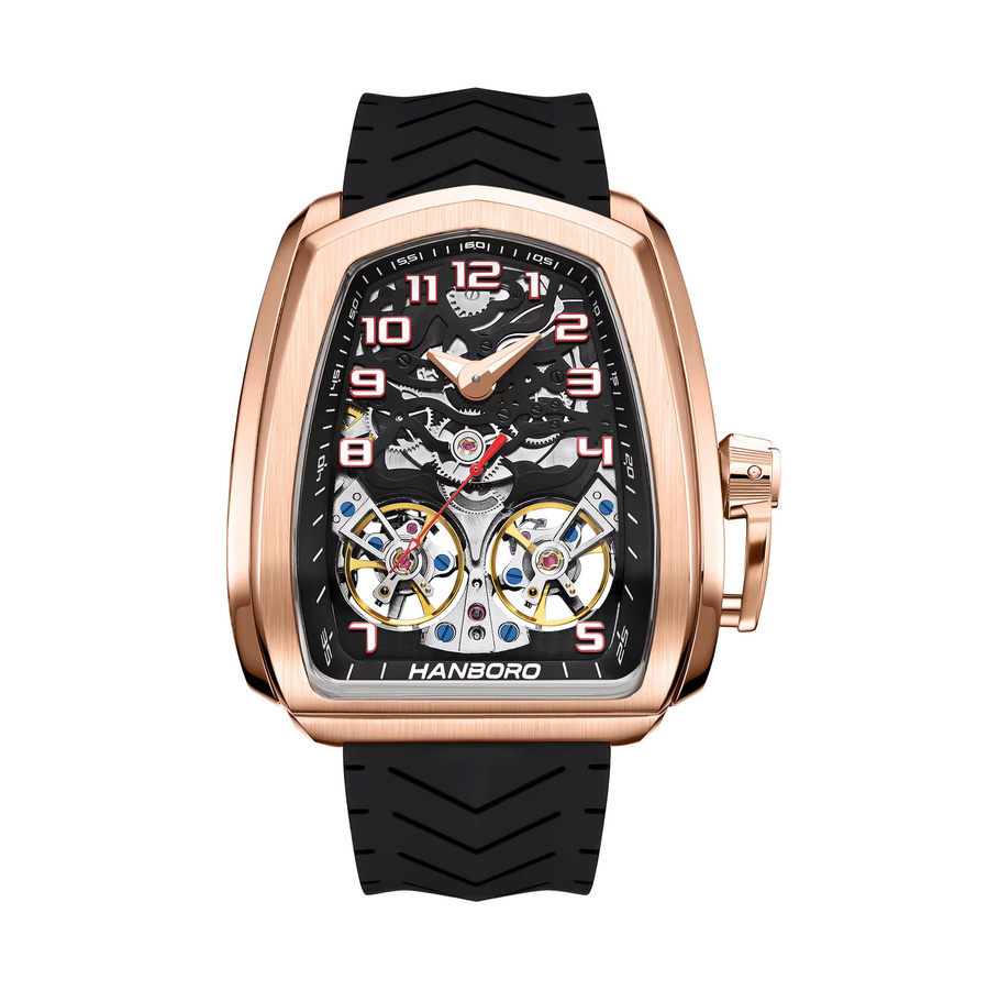 HANBORO Automatik-Armbanduhr, Roségold, Messing, Rotes Zifferblatt, Herren - Bild 2