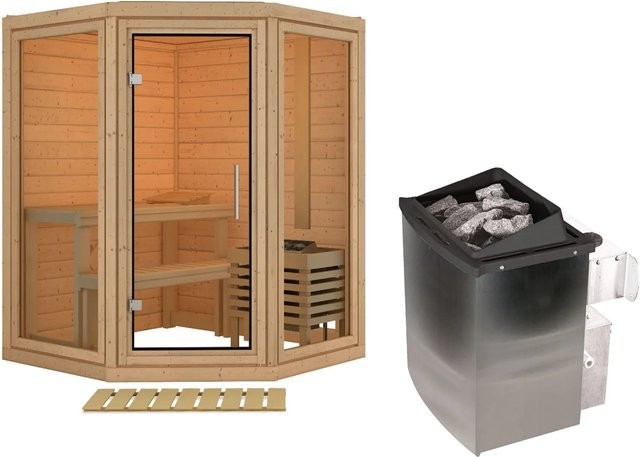 Karibu Sauna Ebba in Braun mit integriertem 9 kW Ofen und naturbelassenem Holz - Bild 1