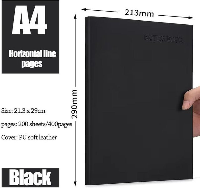 Business Notizbuch A4 mit 400 Seiten, liniertes Studenten-Tagebuch aus schwarzem PU-Leder - Bild 1