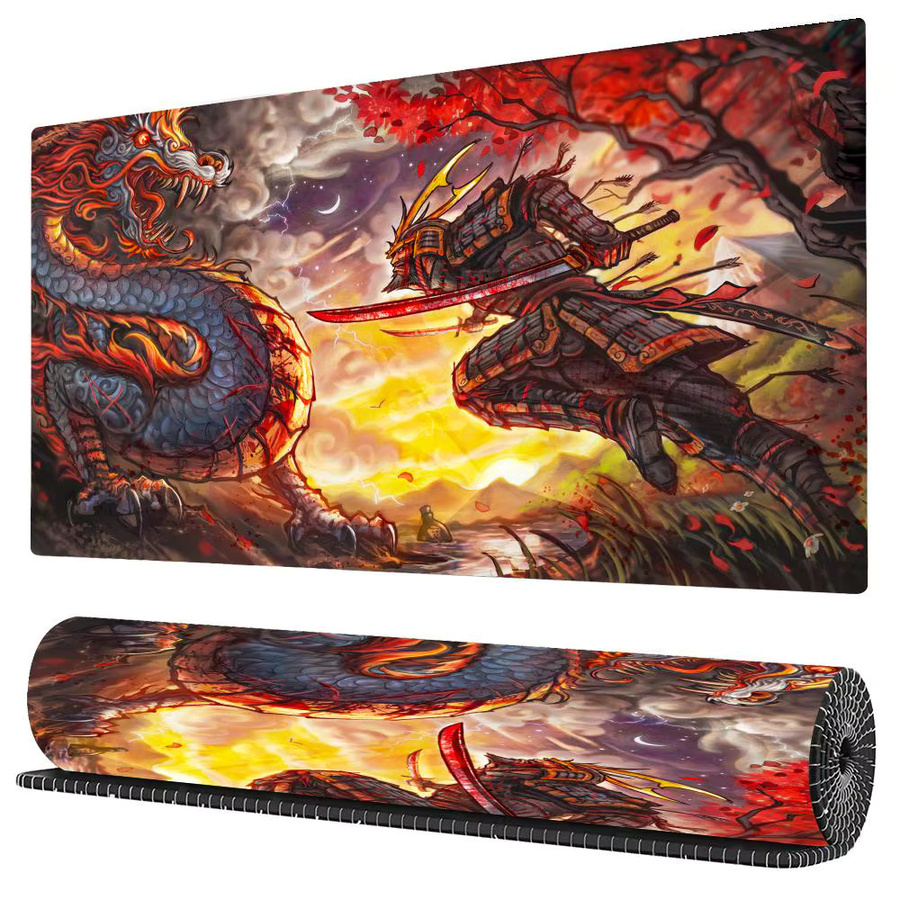 Mairuige Gaming Mauspad mit Flame Dragon und Samurai Battle Design in Schwarz und Multicolour, rutschfeste Schreibtischunterlage mit genähten Kanten - Bild 2