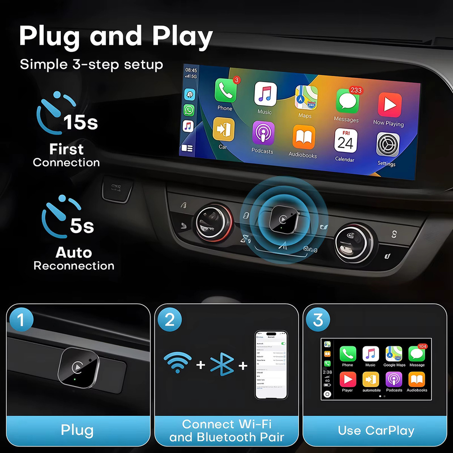 Neelyke 2-in-1 Kabelloser CarPlay und Android Auto Adapter mit USB-C Anschluss, Schwarz - Bild 3