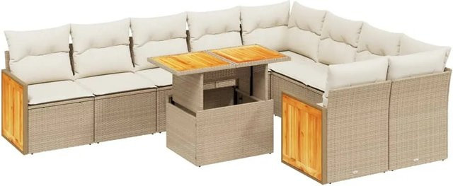 vidaXL 10-tlg Garten-Sofagarnitur in U-Form aus Poly-Rattan und Akazienholz mit Kissen in Beige - Bild 1
