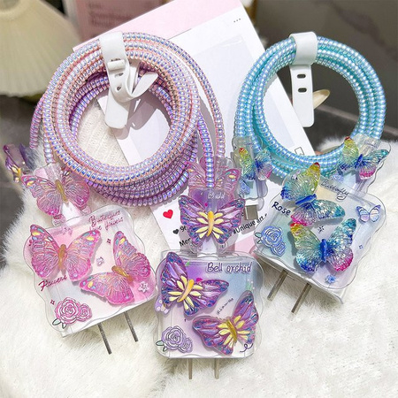 TAOYUNXI Schutzhülle für iPhone 18W/20W Ladekabel mit Pink Butterfly Design, kratzfester Kabelschutz und Kabelwickler in Pink