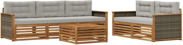 vidaXL Outdoor-Sofagarnitur aus Akazienholz mit Kissen, 6-teiliges Set, Farbe: Natur und Grau - Bild 1