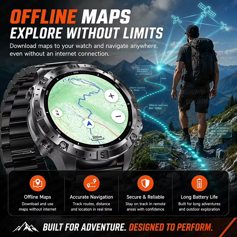 GUHUAVMI Outdoor-Leader Smartwatch für Herren in Schwarz mit 1,43 Zoll AMOLED HD, GPS, Bluetooth-Anruffunktion, Kompass und Taschenlampe, 3ATM wasserdicht - Bild 2