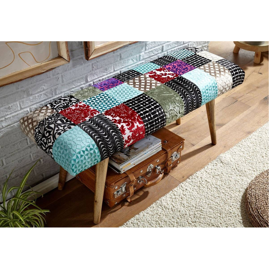 Wohnling Sitzbank Boho mit buntem Stoff und Echtholz aus Mango, B/H/T: 117 x 51 x 38 cm - Bild 4