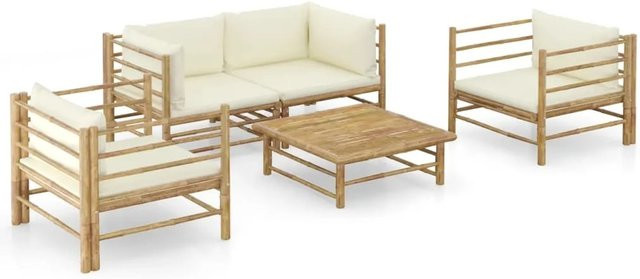 vidaXL 5-teiliges Garten-Lounge-Set aus Bambus mit cremeweißen Kissen - Bild 1