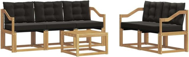 vidaXL Outdoor-Sofagarnitur 6-teilig in L-Form mit Kissen und Couchtisch aus Akazienholz in Weiß und Schwarz - Bild 1