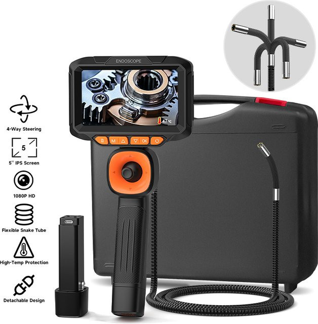 ENWOR 4-Wege-Gelenkendoskop mit 5-Zoll-Bildschirm, 360 Grad rotierender Lenkkamera mit All-Direction-Joystick und wasserdichten LEDs in Schwarz - Bild 1