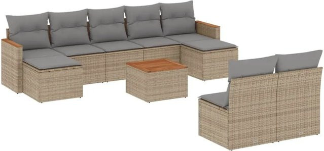 vidaXL 10-tlg. Garten-Sofagarnitur aus Poly-Rattan und Akazienholz in Beige mit Kissen - Bild 1