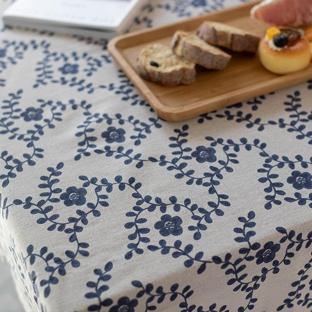Dalunine Tischdecke aus Baumwolle und Leinen in Blau mit floralem Rankenmuster, Rund, Durchmesser: 145 cm - Bild 1