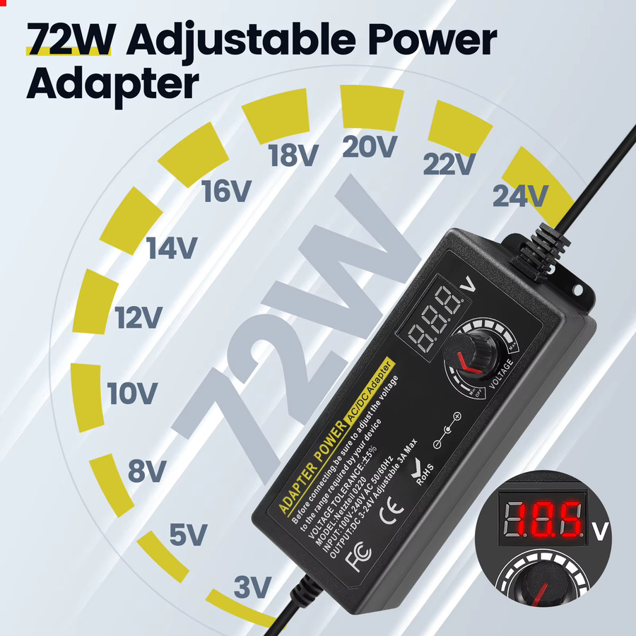 Rbefeuly Universal-Netzteil 72 W AC/DC-Adapter-Ladegerät in Schwarz mit 14 DC-Spitzen und umgekehrtem Polaritätskabel für Kamera und LED-Streifen, 3–24 V, max. 3000 mA - Bild 3