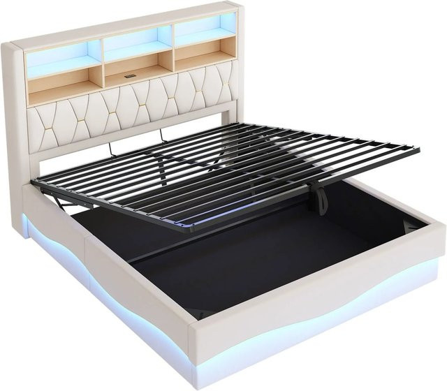 okwish Kinderbett mit LED-Unterbettbeleuchtung und Stauraum durch Lift-up-Base, Beige, B/T/H: 180 x 200 x 62 cm - Bild 1