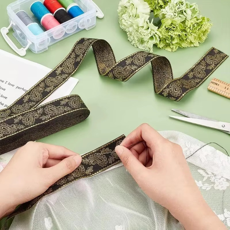 Besticktes Jacquard Band in Gold mit ethnischem Muster für DIY Kleidung und Wohnkultur, Breite: 2,8 cm, Länge: 10 Meter - Bild 5