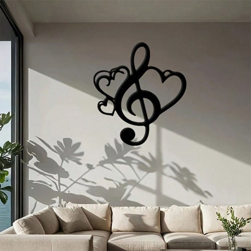 CIFBUY Musikalische Metall-Wandkunst mit Doppelherz und Violinschlüssel in Schwarz - Bild 1