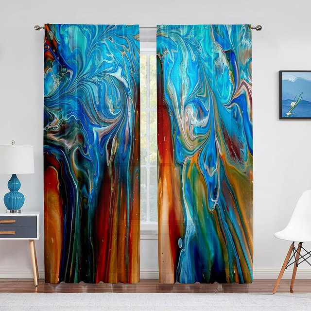 Transparenter Chiffon-Vorhang Super Six mit abstraktem Marmor-Design in Marineblau und Gold, Breite: 100 cm, Höhe: 250 cm - Bild 1