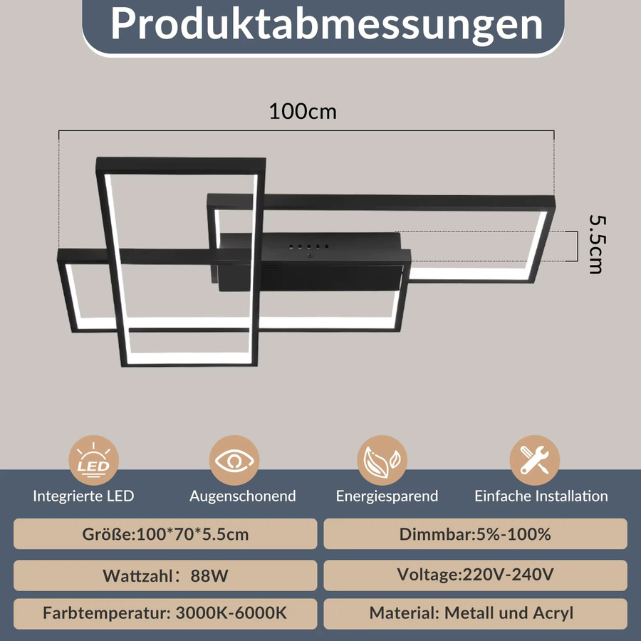 Nettlife LED Deckenleuchte in Schwarz mit geometrischem Design aus drei überlappenden Rechtecken, dimmbar, 88W, B/T/H: 100 x 65 cm - Bild 3