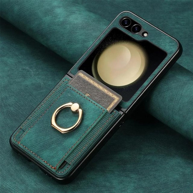 Retro PU Leder Brieftaschenhülle mit Ring und Kartenfach für Samsung Galaxy Z Flip 6 5 4 3 2 5G in Beige - Bild 1