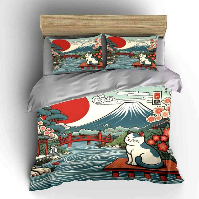 Dreiteiliges Bettwäscheset mit japanischem Landschafts- und Katzenmuster in Multicolour, Material Mikrofaser Polyester, Größe: 173 x 218 cm - Bild 1