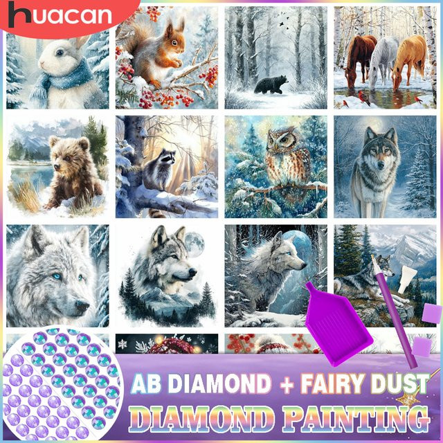 HUACAN Diamantmalerei Set Wolf und Bär im Winterwald als rundes Mosaik-Komplettset - Bild 1