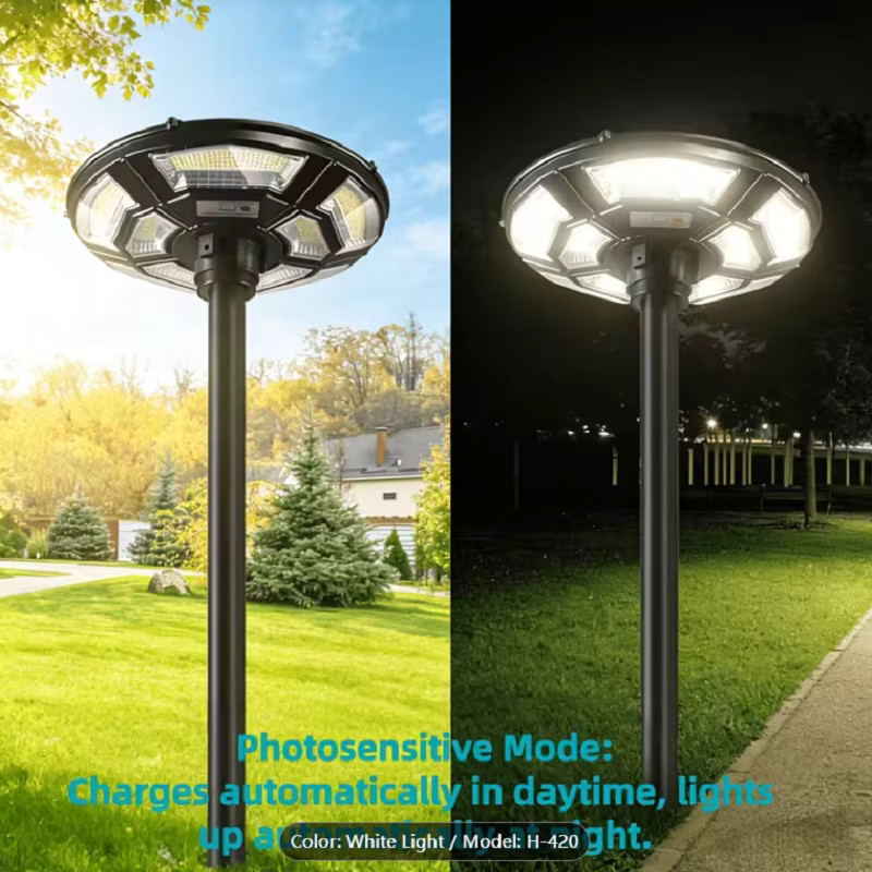 YQCHEZI Solarlampe UFO-Design in Weiß und Schwarz, runde wasserdichte Außenleuchte mit Fernbedienung und Dämmerungssensor für Garten und Garage - Bild 2