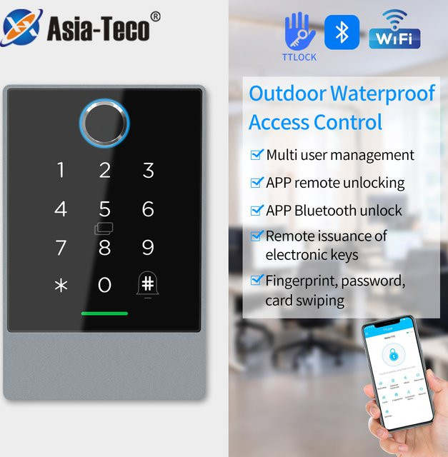 Asia-Teco Smart Türschloss mit NFC, WiFi, Bluetooth und TTlock App Steuerung, RFID Tastatur in Metall, wasserdicht, Farbe: Schwarz - Bild 1