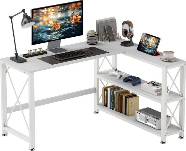 HOMCOM Reversibler modularer Eckschreibtisch mit Regal und Metallrahmen in Weiß, B/T/H: 135 x 110 x 75 cm - Bild 1