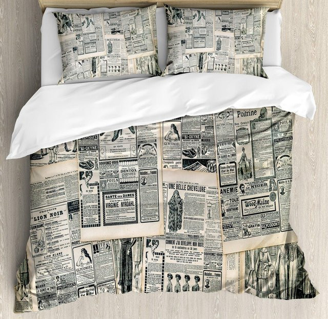Vintage Bettwäsche mit Zeitungs-Design von Your Warm Home, Braun/Beige, Polyester, B/H: 135 x 200 cm - Bild 1