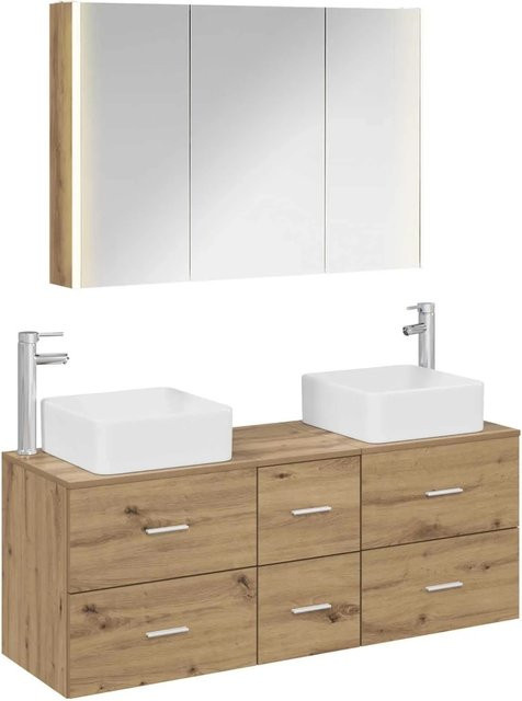 vidaXL Badezimmermöbel-Set 4-teilig in Artisan-Eiche und Glas, modern, Braun, mit LED-Beleuchtung und Spiegelschrank sowie Waschtischunterschrank, Wandmontage - Bild 1