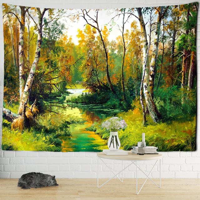 Wandteppich mit Ölgemälde-Wald-Motiv in herbstlicher Naturlandschaft, Mehrfarbig, B/H: 320 x 182 cm - Bild 1