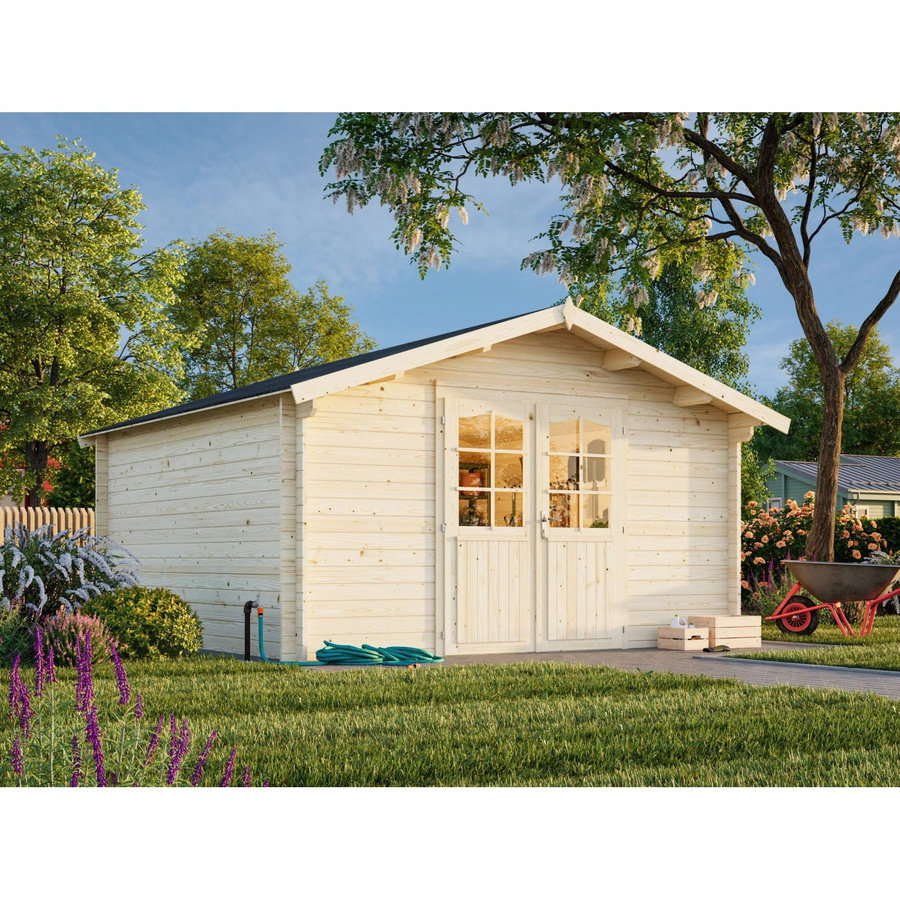 Palmako Gartenhaus Lotta aus Fichte in Grau-Weiß mit Blockbohlen und Montage-Set B/T: 380 x 380 cm - Bild 2