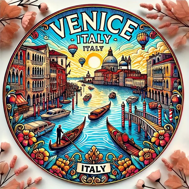 Potdemiel Vintage Venedig Wandkunst aus Aluminium, rundes Metallschild mit Gondeln und Sehenswürdigkeiten, Durchmesser: 20,3 cm, Mehrfarbig - Bild 1