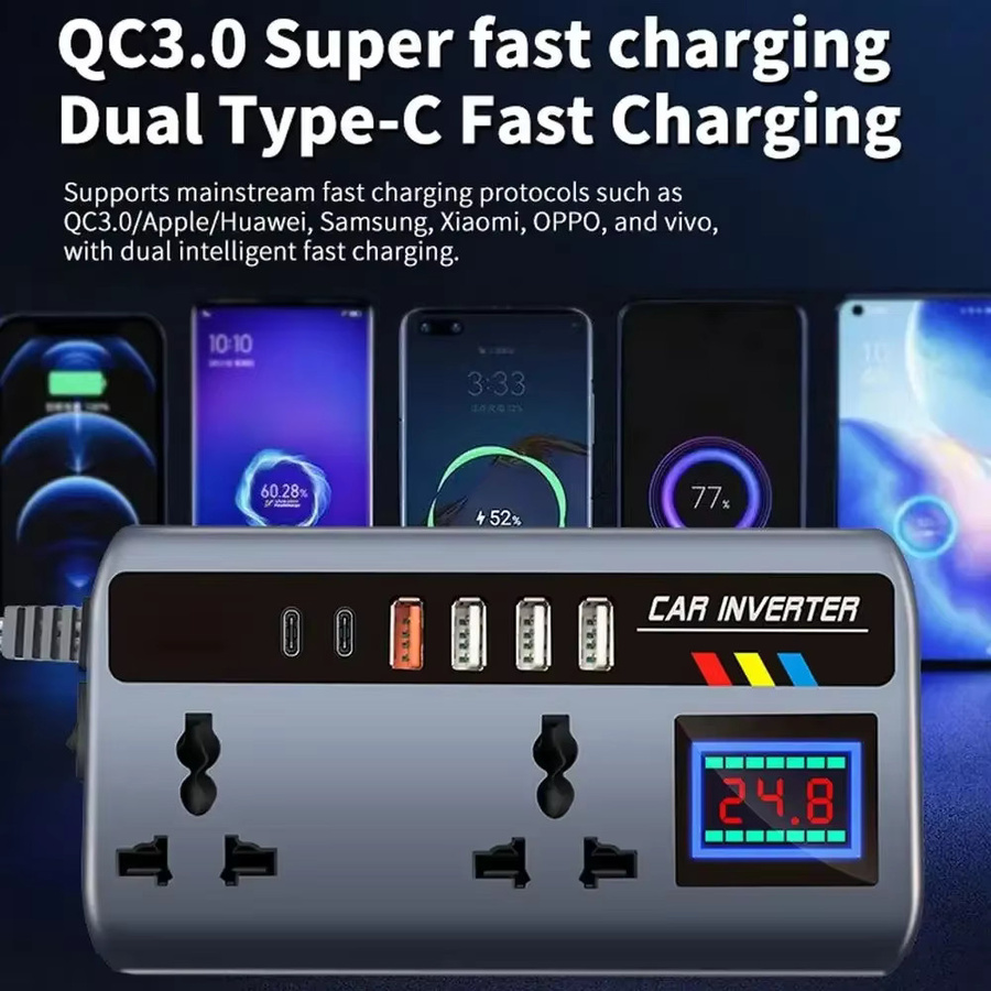 KEBETEME Tragbarer Auto-Wechselrichter 12 V/24 V auf 220 V mit 3 USB-Anschlüssen für Auto, LKW, SUV und Wohnmobil - Bild 5
