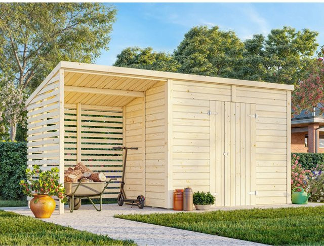 Palmako Gerätehaus Leif aus Fichtenholz in Braun mit Pultdach und Vordach, B/T/H: 460 x 170 x 228 cm - Bild 1