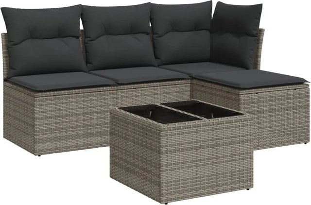 vidaXL 5-tlg Garten-Sofagarnitur in L-Form aus Poly-Rattan mit Kissen in Grau - Bild 1