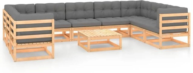vidaXL 10-tlg Garten-Lounge-Set aus massivem Kiefernholz in L-Form mit grauen Polstern - Bild 1