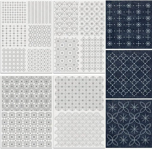 14 Stück wasserlösliche Handnähstabilisatoren mit geometrischem Sashiko-Stickmuster in Weiß, Breite: 21,1 cm, Höhe: 29,7 cm - Bild 1