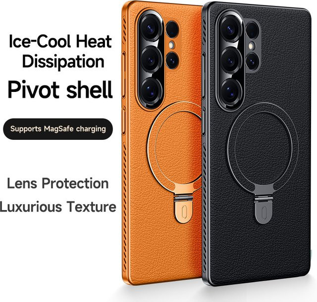 Leder-Schutzhülle mit Streifen-Design und Loch-Wärmeableitung für Samsung Galaxy S24 Ultra und S25 Ultra in Schwarz mit Metall-Halterung und Objektivschutz - Bild 1