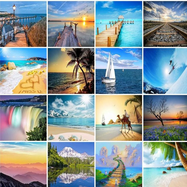 GATYZTORY DIY Diamantstickerei Set Meer und Strand Landschaft mit bunten runden Diamanten als Mosaik Strass Puzzle Dekoration - Bild 1